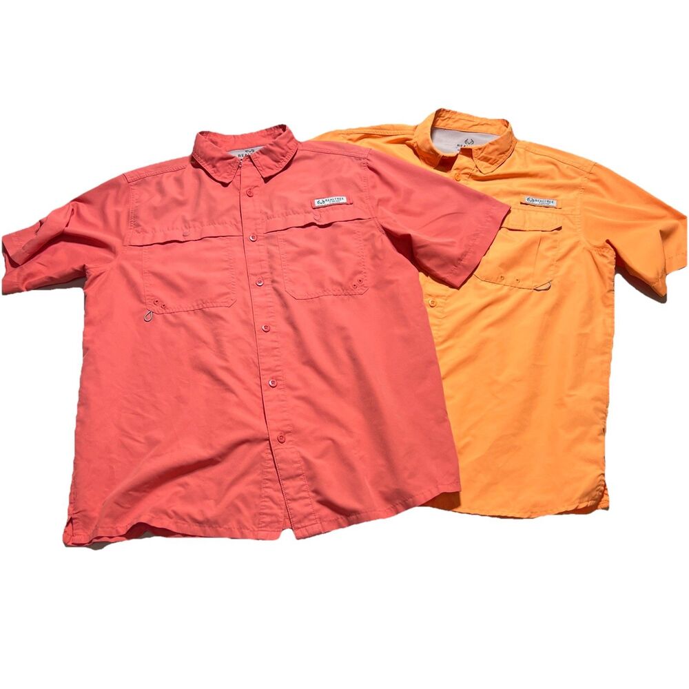 Realtree Fishing Shirt 2 Pack Bundle Mens M Orange, Magenta Vented Short Sleeve